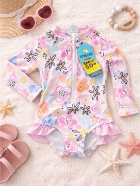 Toddler Girls Floral Rash Guard One Piece Swimsuit UPF 50+ 9-12M NWT